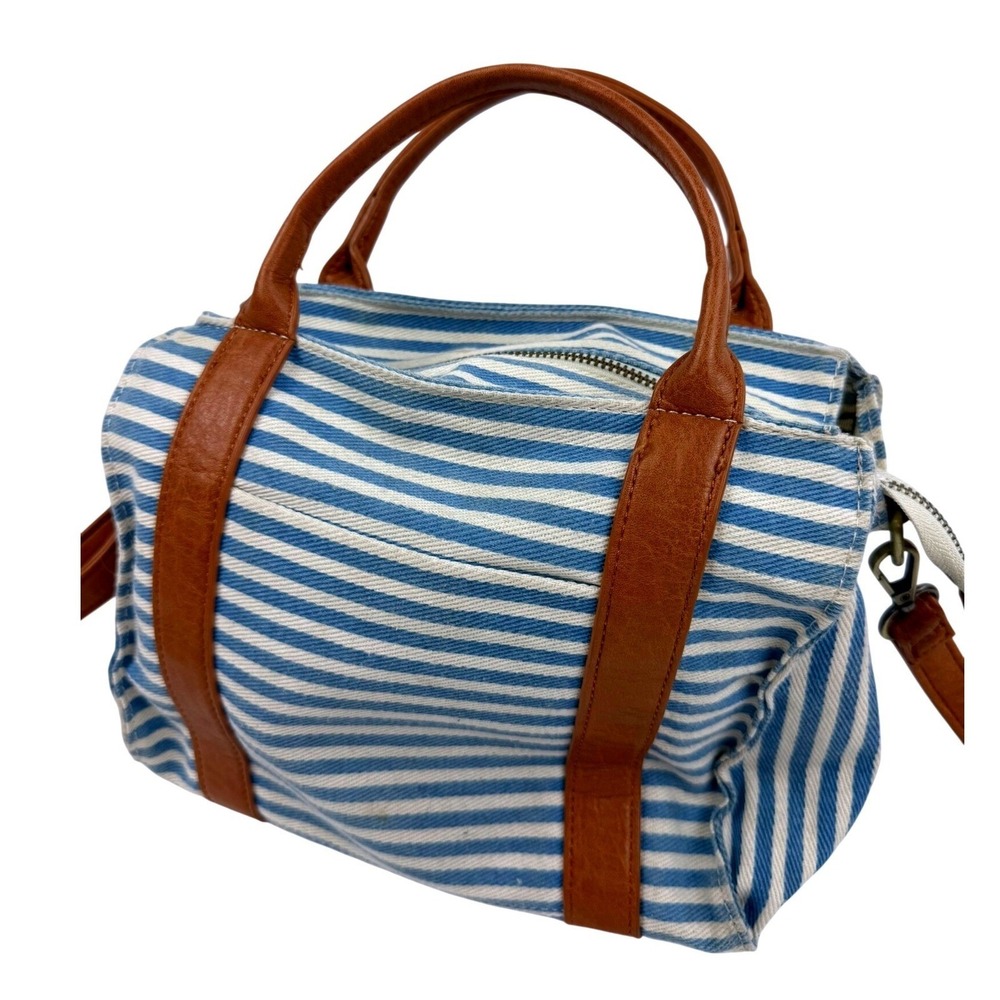 Joy Susan Blue White Striped Canvas Mini Satchel Crossbody Bag Brown Trim